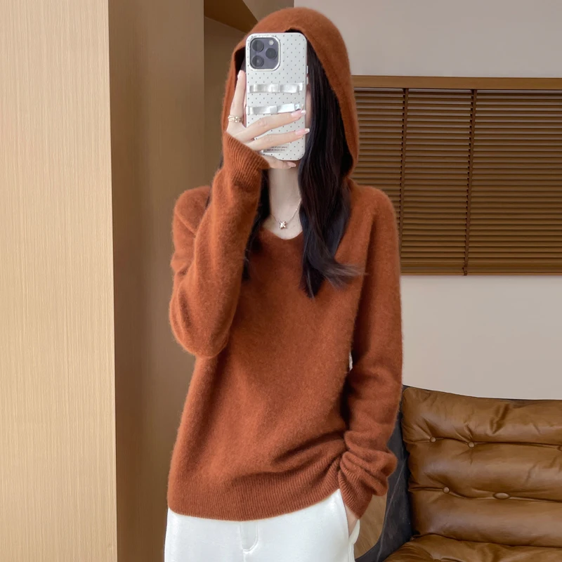 Women Autumn Winter Clothing Hooded Collar Pullover 100% Merino Wool Sweater New Fashion Cashmere Tops Bottoming Knitwear Soft - Image 2