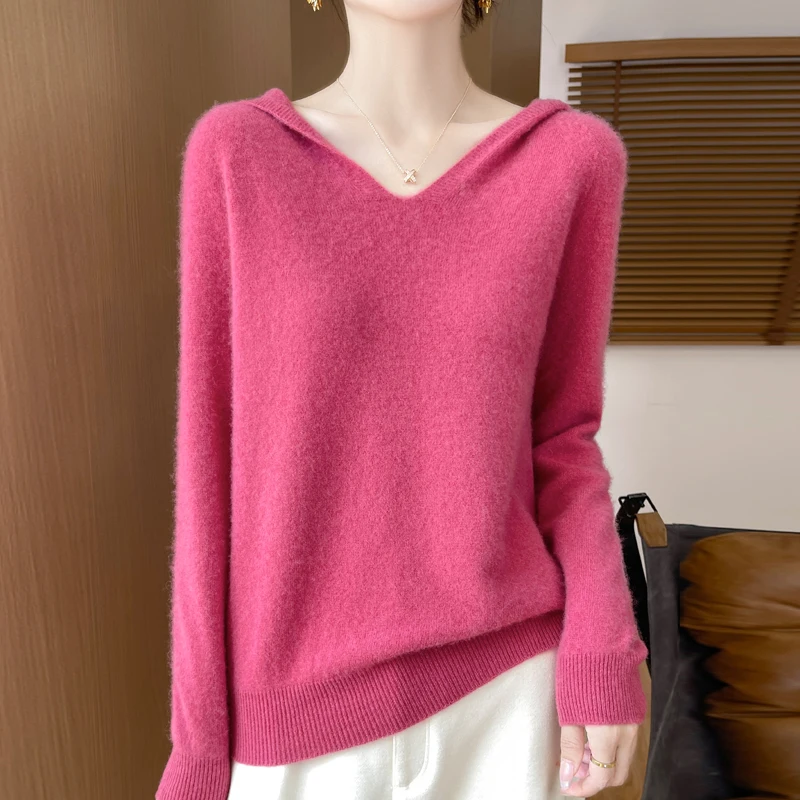Women Autumn Winter Clothing Hooded Collar Pullover 100% Merino Wool Sweater New Fashion Cashmere Tops Bottoming Knitwear Soft - Image 4