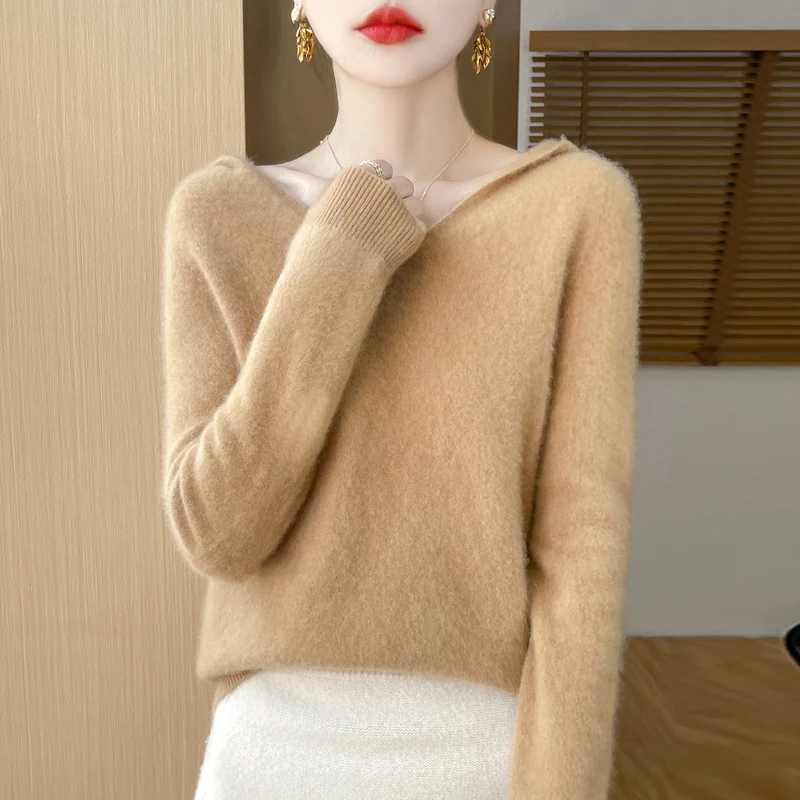 Women Autumn Winter Clothing Hooded Collar Pullover 100% Merino Wool Sweater New Fashion Cashmere Tops Bottoming Knitwear Soft - Image 6